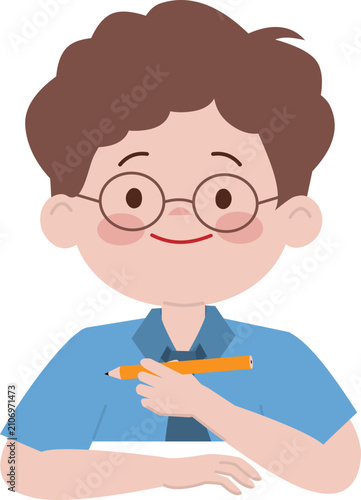 Cute School Boy with Glasses Holding Pencil Vector Illustration, Happy Student Character SVG