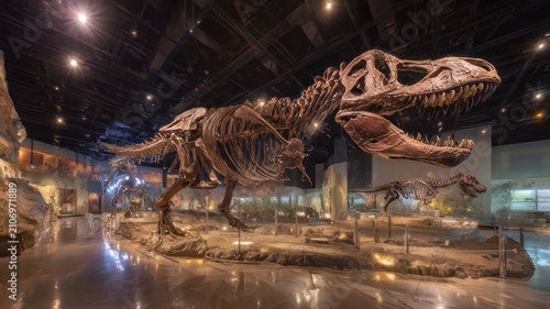 Tyrannosaurus Rex skeleton in a natural history museum, massive dinosaur fossil display, prehistoric predator bones in dark exhibition hall