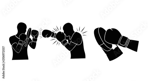 Boxing Training Silhouettes with Punching Mitts and Sparring Action