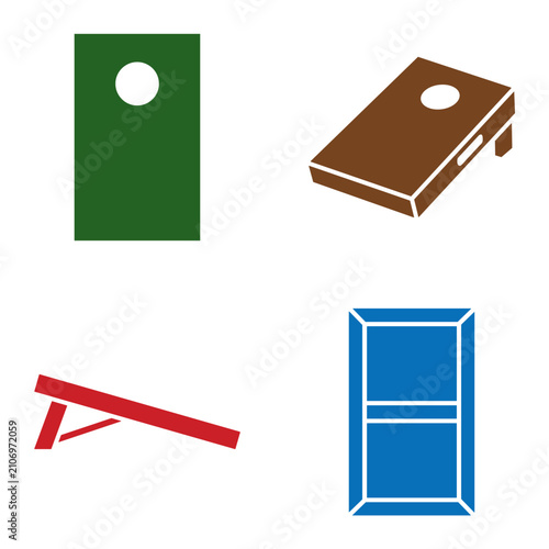 Minimalist cornhole board icons in various perspectives and colors