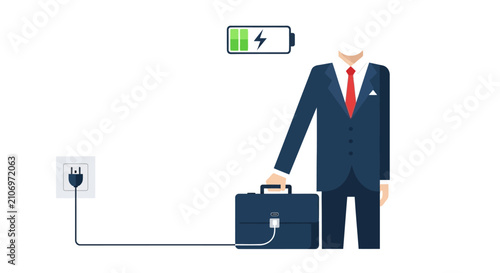 Businessman Recharging Energy with Briefcase Connected to Power Outlet