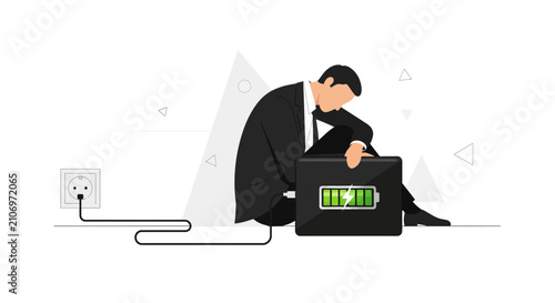 Businessman Recharging Laptop Battery Concept Illustration