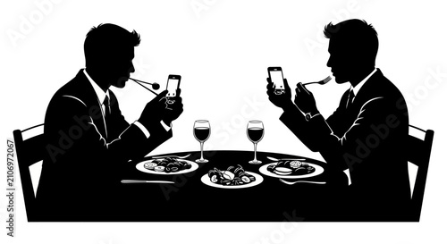 Businessmen Distracted by Smartphones During Dinner Silhouette