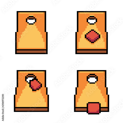 Cornhole lawn game boards and beanbags in pixel art style