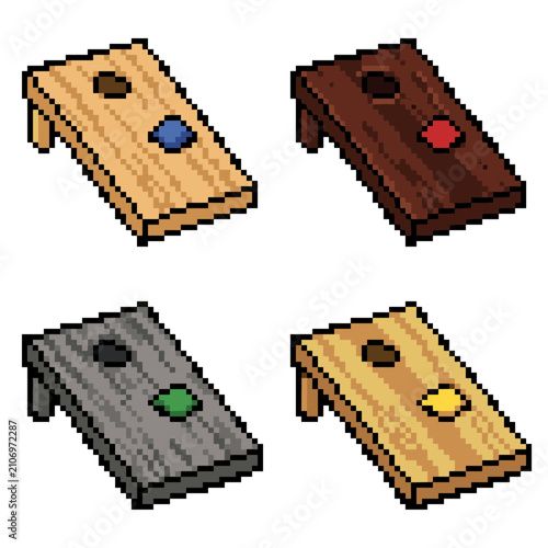 Cornhole boards and bean bags in pixel art style