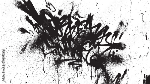 Street art graffiti style black ink splatter and drip tag isolated on white background