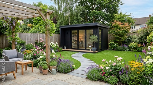 Landscaped suburban backyard featuring a matte black garden office, pristine artificial green turf, and colorful blooming flower beds.