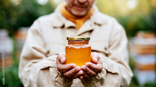 Beekeeper holding jar of golden honey in cupped hands outdoors. Natural apiary product, rustic beekeeping lifestyle concept. Sweet organic food, artisan farming, warm sunlight closeup presentation.