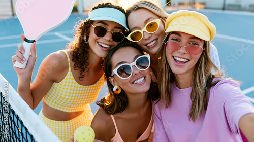 Pickleball lifestyle scene showing smiling women taking a selfie after a match, celebrating friendship, teamwork, fitness, confidence, social connection, and modern sport culture.