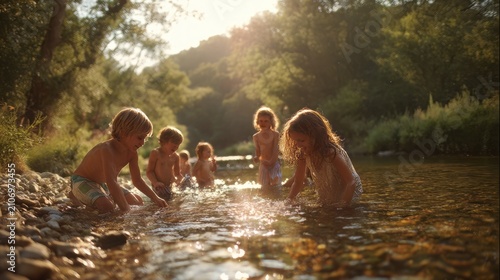 Cinematic group of children playing in a river at sunset, happy kids splashing in shallow water, nostalgic summer vacation scene in nature