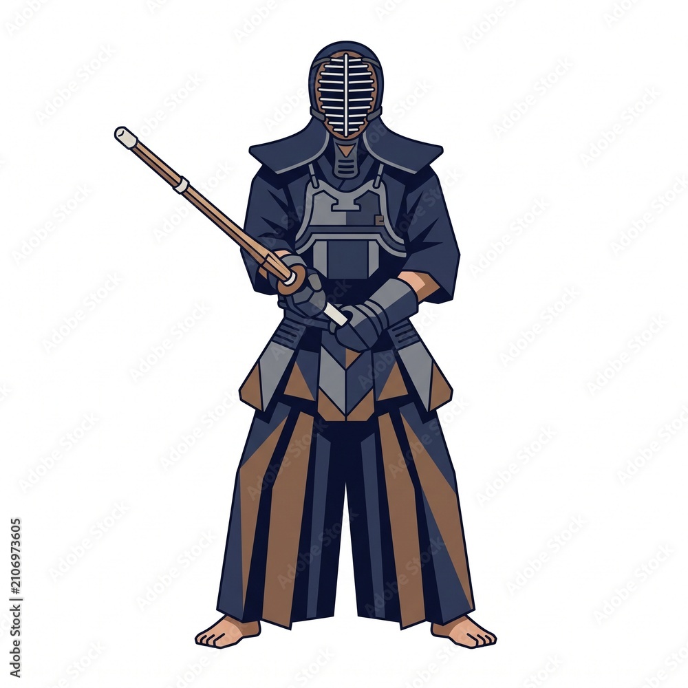Fototapeta premium Japanese kendo warrior in full armor holding bamboo shinai sword ready for martial arts training