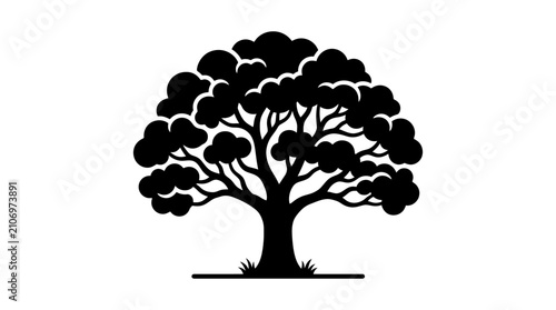 Detailed black tree silhouette with spreading branches and lush foliage isolated on white background for nature and eco design