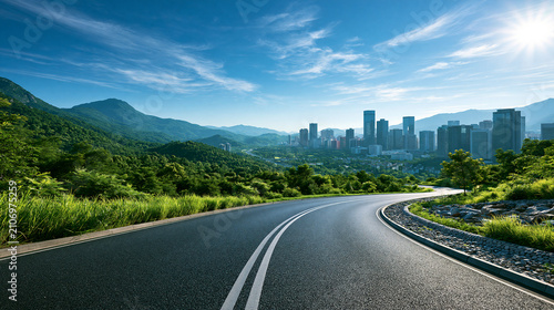 A scenic road leads toward a modern city skyline nestled between lush green mountains under a bright sun. Perfect for travel or environmental urban development concepts.