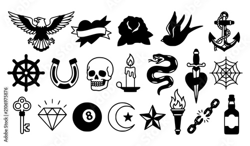 Foto Old School Tattoo Elements Vector Set with Traditional American Flash Icons Coll