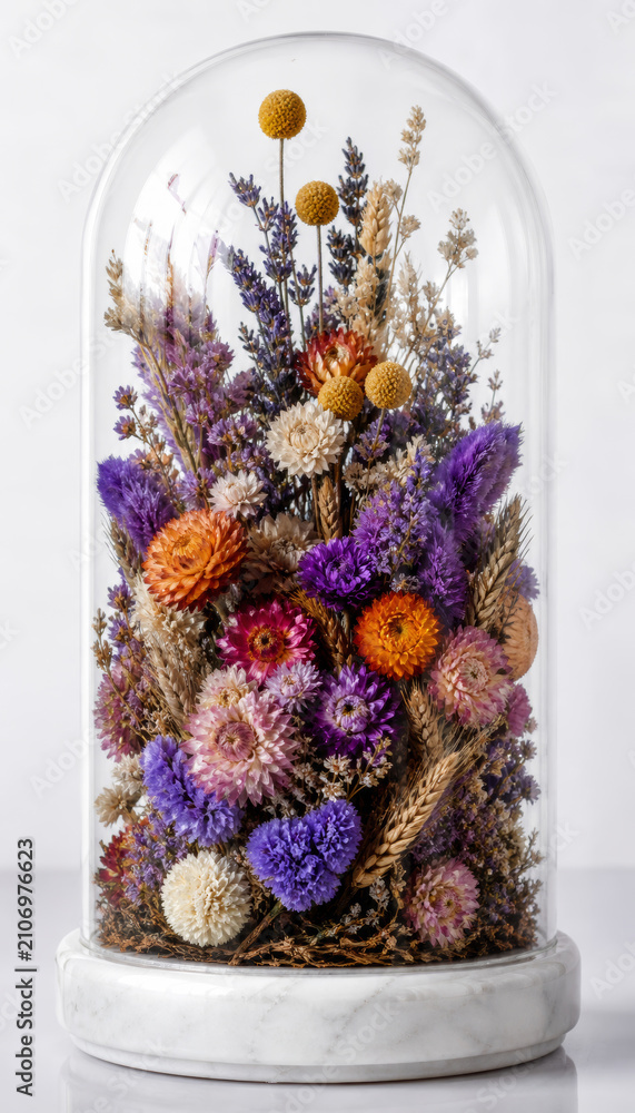 Obraz premium Beautiful arrangement of dried flowers in glass dome display