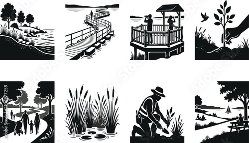 Fotografía Urban rain garden and sustainable stormwater management infographic icon set black and white vector silhouette
