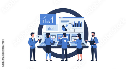 Business Team Analyzing Data and Financial Graphs on Large Dashboard. Vector Illustration of Analytics, Statistics, and Corporate Strategy.