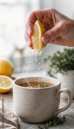 Hand squeezing lemon into steaming herbal tea cup