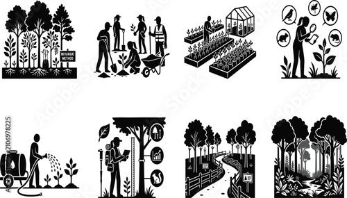 Foto Urban rain garden and sustainable stormwater management infographic icon set black and white vector silhouette