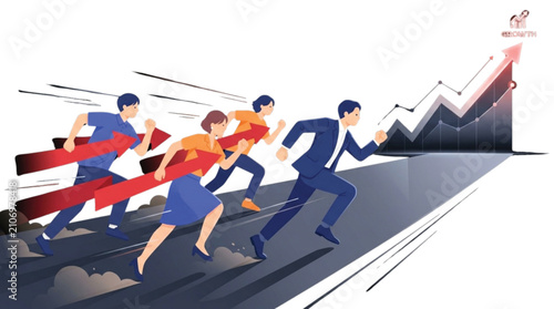 Business People Running Towards Success and Financial Growth Chart