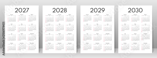 2027, 2028, 2029, 2030 calendars for year. Calender templates. Week starts Sunday. Organizer with 12 month in English. Scheduler layout. Pocket planner. Portrait orientation, A4. Vector illustration