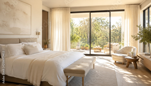Cozy modern bedroom with large windows and natural light