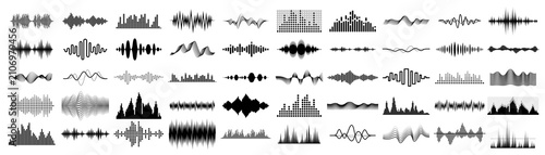 Diverse collection of black and white sound waveforms and equalizers