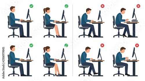 фотографія Comparison of correct and incorrect ergonomic sitting postures at computer