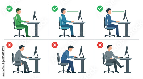Fotografi Proper and improper sitting posture for office work ergonomics