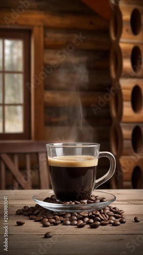 Steaming hot coffee in glass cup on rustic wooden table