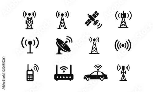 Set of twelve black and white icons depicting various communication and wireless technology symbols
