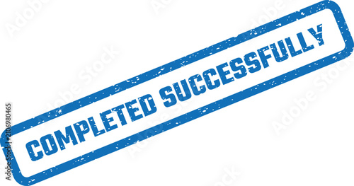 Distinctive blue textured rectangular rubber stamp marking a task or project as completed successfully with finality