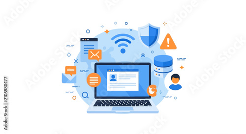 Cybersecurity and Digital Data Management Concept Illustration with Laptop and Network Icons