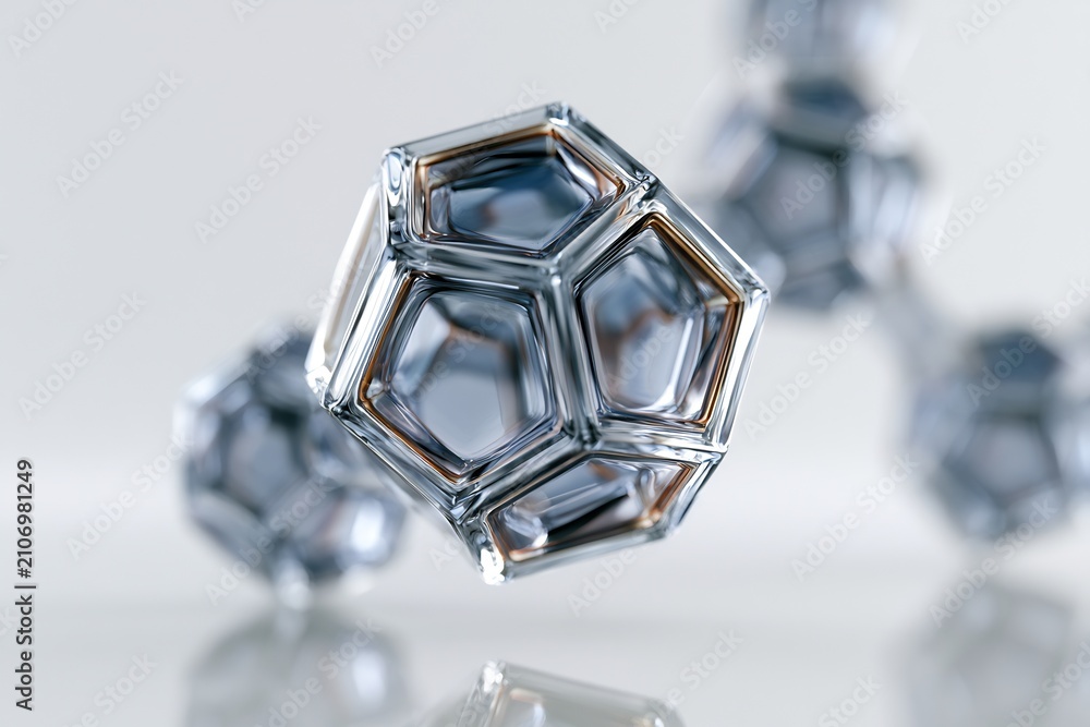 Fototapeta premium Abstract scientific atomic dodecahedron structure floating in clear liquid against a blurred background, representing molecular research.