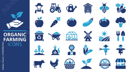 Comprehensive organic farming and sustainable agriculture vector illustration set for gardening posters featuring eco friendly cultivation tools and fresh harvest plants for environmental designs.