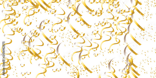 Golden confetti background displaying floating metallic streamer ribbon pattern