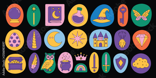 Фотография Fantasy and magic themed sticker collection with wizardry symbols