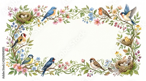 Watercolor Spring Bird and Floral Vine Border Frame Background