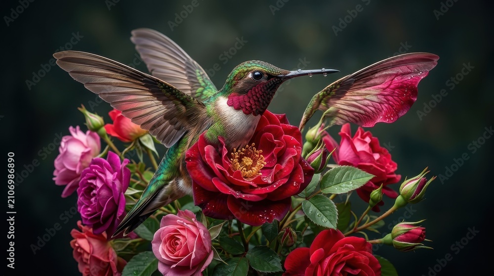 Obraz premium Hummingbird hovering over colorful roses