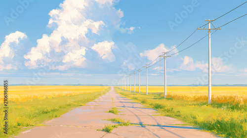 どこまでも続く田舎道と青空に大きな入道雲が浮かぶ、ノスタルジックな夏の風景のアニメスタイルイラスト