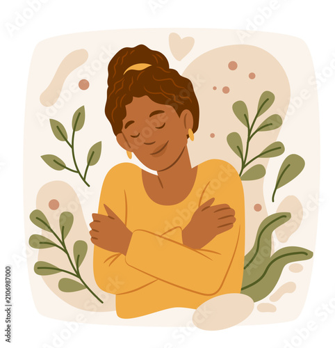 Emotional regulation techniques self hug mindfulness calm woman surrounded by abstract plants warm colors peaceful mood wellness concept