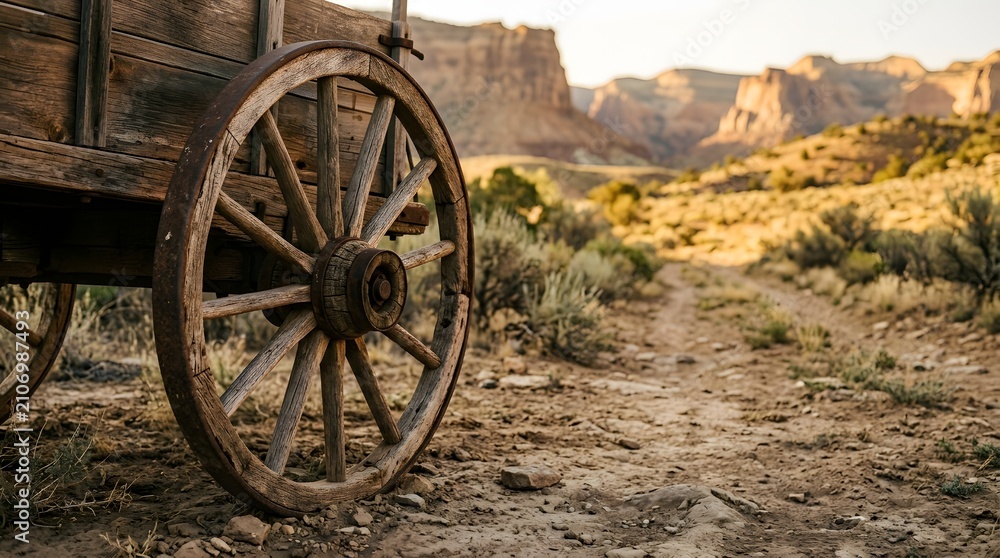 Fototapeta premium Rustic wooden wagon wheel on dirt path with desert canyon landscape background at sunset.
