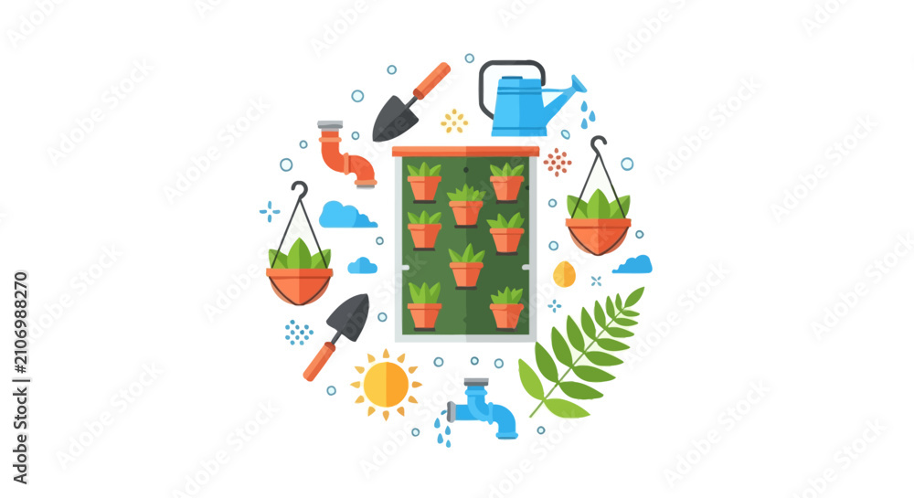 Fototapeta premium Sustainable Urban Vertical Gardening and DIY Farming Concept Illustration with Potted Plants and Gardening Tools