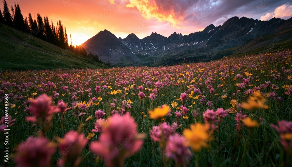 Fototapeta premium Sunlit meadow of wildflowers with jagged mountains at sunset