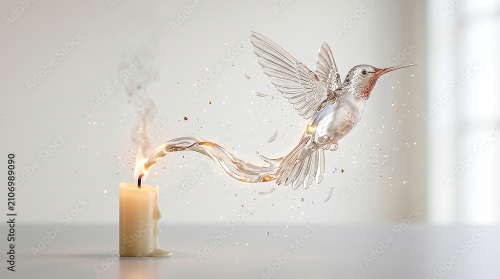 Obraz premium Glass hummingbird emerging from candle smoke