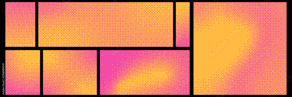 Naklejka premium Yellow and pink pixelated bitmap texture background set. Retro pixel art, glitch dither pattern, 8 bit background. Fade pixel gradient for pixel game, halftone geometric texture. Vector illustration