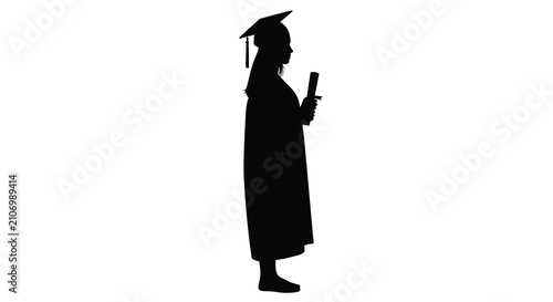 Foto Silhouette of a graduating student in cap and gown holding a diploma against a w