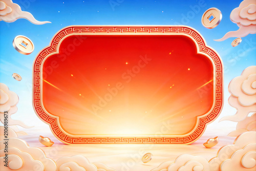Chinese Style Red Frame Podium With Ancient Building And Red Lanterns