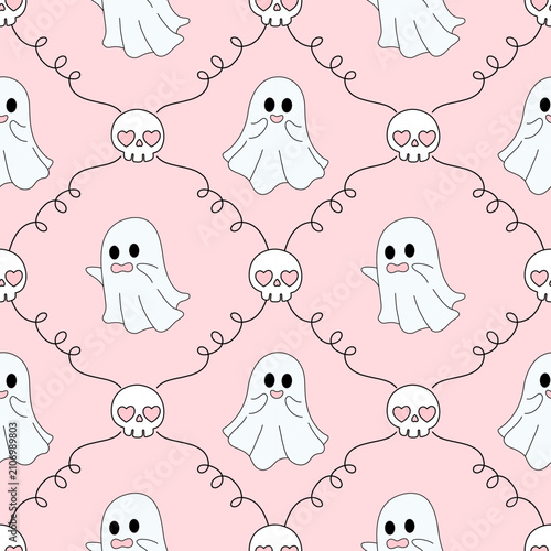 Cute pink seamless Halloween pattern featuring friendly ghosts, skulls and playful swirls. Perfect for fabric, wallpaper, wrapping paper, stationery and seasonal decorations.