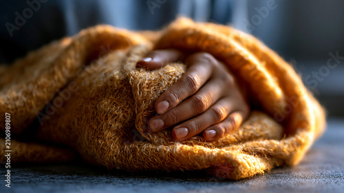 A person wrapping themselves in a soft textured orange blanket for comfort